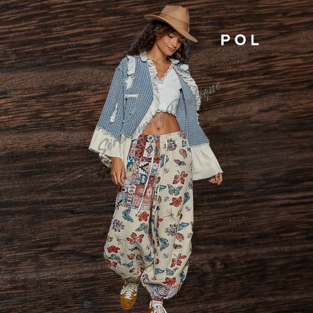 POL Hippie Bohemian Ruffles Denim Stars & Moon Patches Denim Jean Jacket - Picture 11 of 13